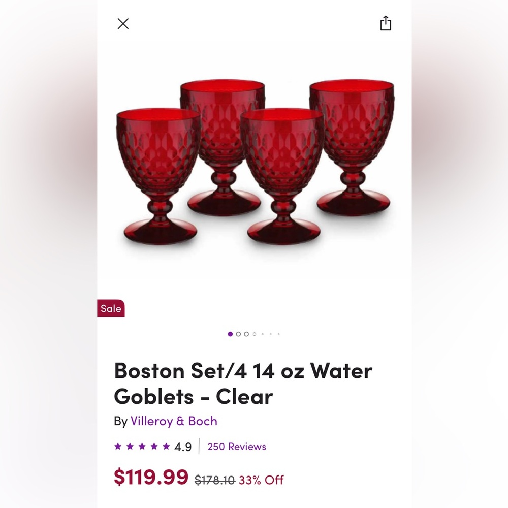 NIB Villeroy & Boch Boston Water/Wine Goblets set of 4 - Christmas red!